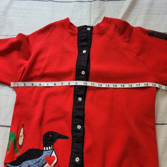 Jerzees Size L Vintage Duck Red Button Up Sweatshirt Black White Polka Dot - Picture 7 of 10